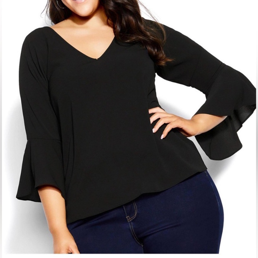 City Chic Black V-Neck Bell Sleeve Blouse, 20